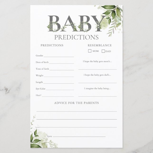 Baby Predictions Greenery Baby Shower Game (Framsida)