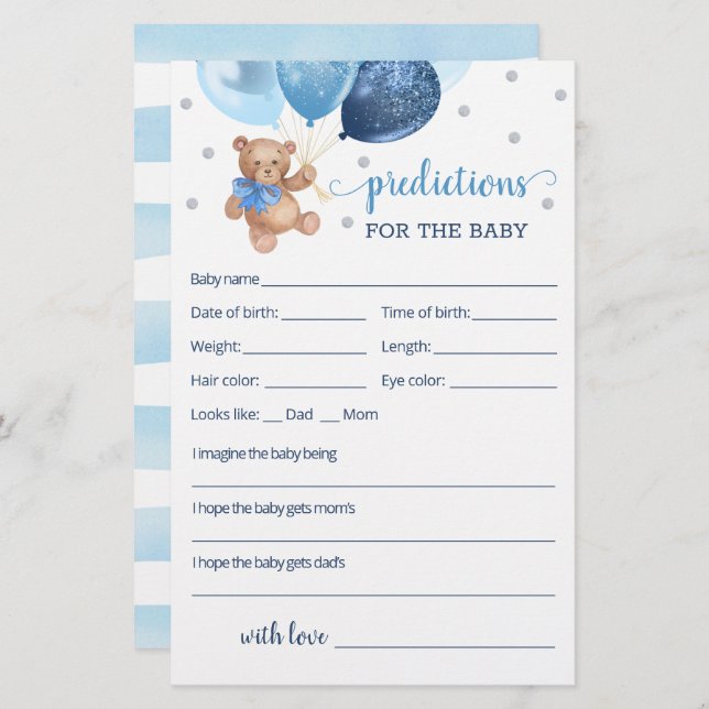 Baby Prediktions for the Baby Shower Nalle (Fram/baksida)