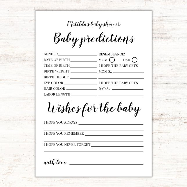 Baby Prediktions- och Önskemål Baby Shower-spel Kort (baby predictions and wishes for the baby, minimalist black and white gender neutral)