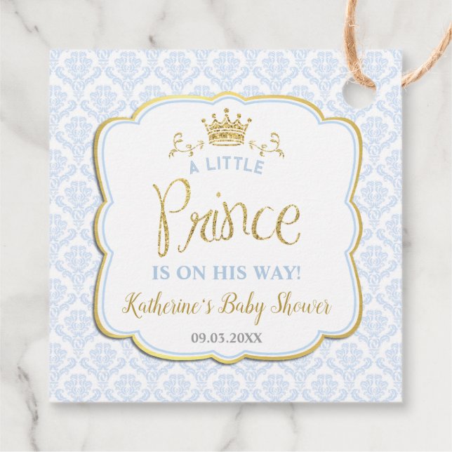 Baby Prince Blue Damask Guld Krona Baby Shower Gåvor Etiketter (Baksida)