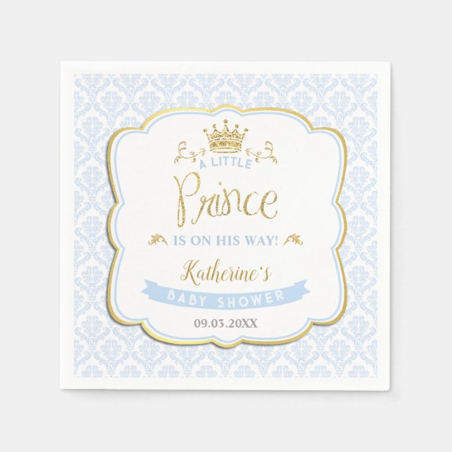Baby Prince Blue Damask Guld Krona Baby Shower Pappersservett (Framsidan)