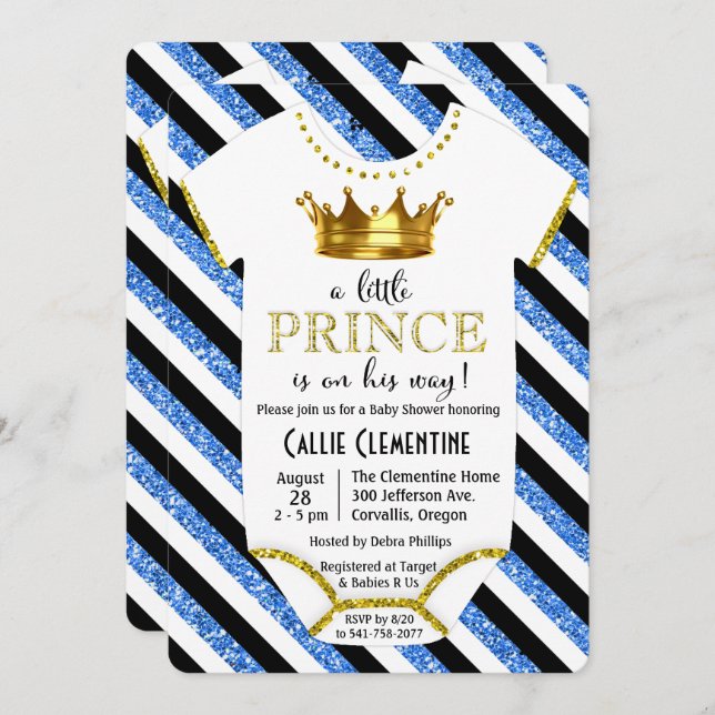 Baby Prince Glitter Baby Shower-inbjudan Inbjudningar (Fram/baksida)