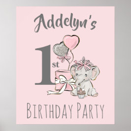 Baby Princess Elephant Girl Rosa Grått 1:a födelse Poster