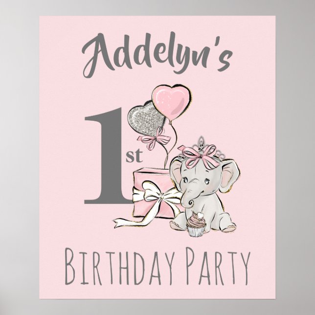 Baby Princess Elephant Girl Rosa Grått 1:a födelse Poster (Framsidan)