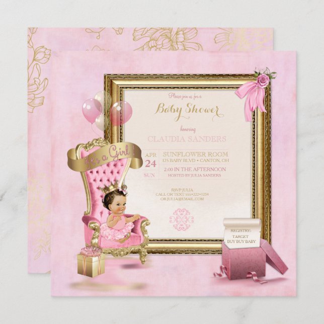 Baby Princess Tutu Krona Guld Rosa Royal Inbjudningar (Fram/baksida)