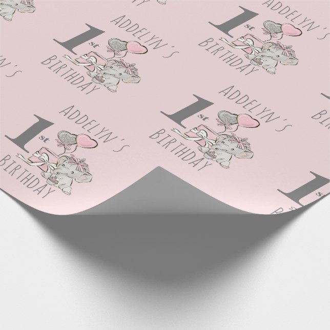 Baby prinsessa elefant flicka rosa 1-års födelseda presentpapper (Hörn)
