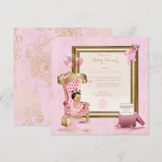 Baby Prinsessa Tutu Kronan Guld Rosa Kunglig Inbjudningar (Fram/baksida)
