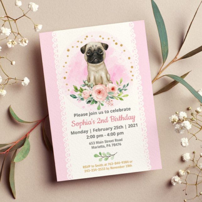 Baby Pug Födelsedagsfest inbjudan (Skapare uppladdad)