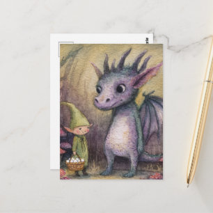 Baby Purple Dragon och Elf med ägg Vykort