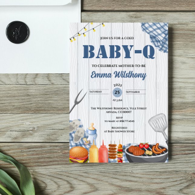 Baby-Q Baby Shower Boy Rustic BBQ Backyard Plaid  Inbjudningar (Baby-Q bbq rustic barbecue picnic spring summer garden party barbeque baby shower invitation boy )