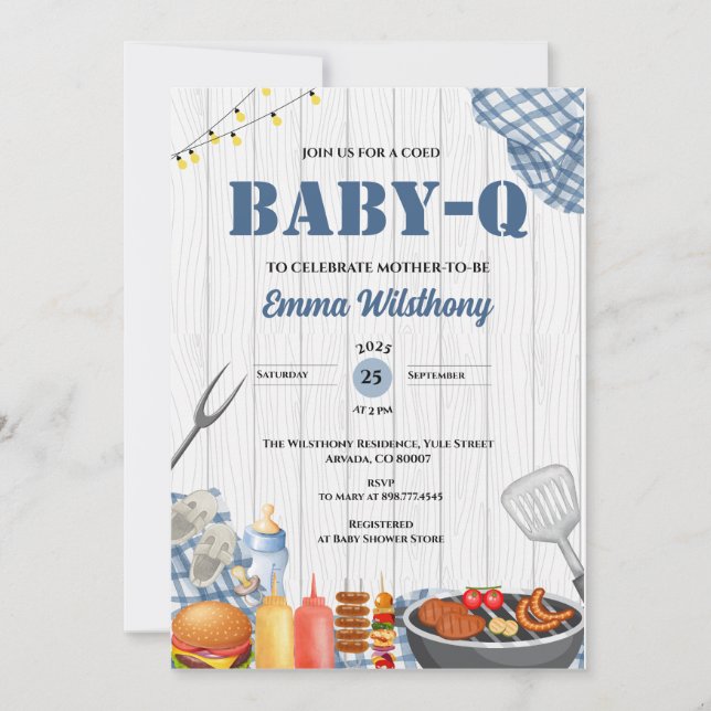 Baby-Q Baby Shower Boy Rustic BBQ Backyard Plaid  Inbjudningar (Framsida)
