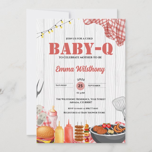 Baby-Q Baby Shower Girl Rustic BBQ Backyard Play Inbjudningar (Framsida)