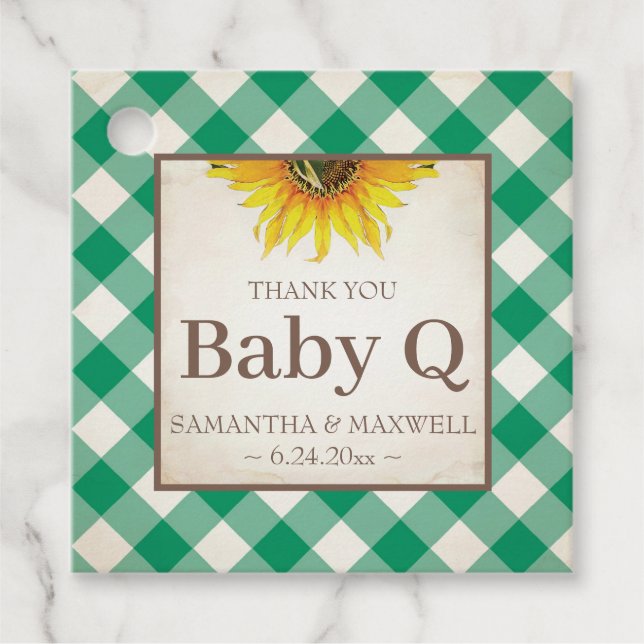 Baby Q Gingham och Solros Tack Grönt Gåvor Etiketter (Framsida)