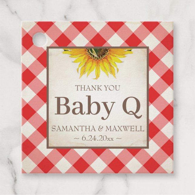 Baby Q Gingham och Solros Tack Red Gåvor Etiketter (Framsida)