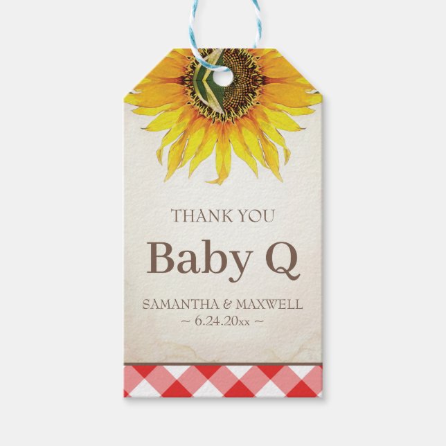 Baby Q Gingham och Solros Tack Red Presentetikett (Framsidan)