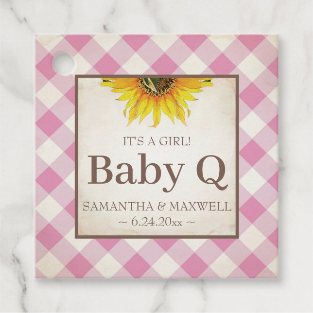 Baby Q Gingham och Solros Tack Rosa Gåvor Etiketter (Framsida)