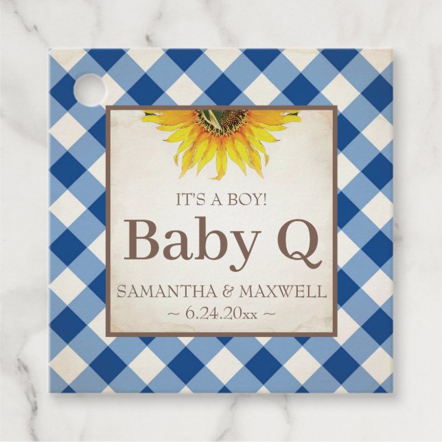 Baby Q Gingham och Solrosblå Tack Blue Gåvor Etiketter (Framsida)