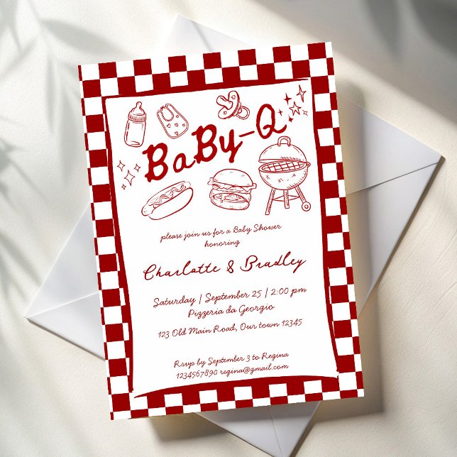 Baby q grill röda rutor baby shower inbjudningar (Baby q barbeque red checks hand drawn barbeque baby shower invitation cards template)