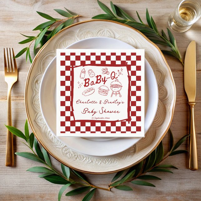 Baby q grill röda rutor baby shower pappersservett (Baby q hand drawn red checks barbeque baby shower personalized printed napkins)