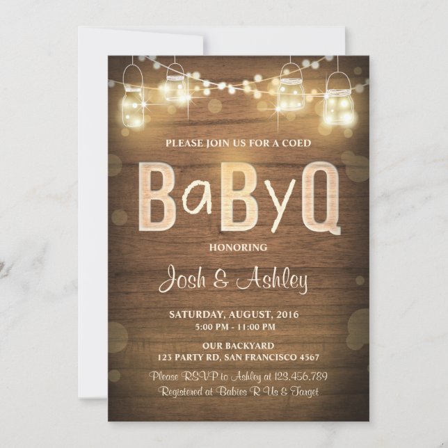 Baby Q-inbjudan: BQ Baby Shower Rustic Wood Inbjudningar (Framsida)