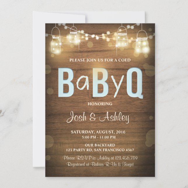 Baby Q inbjudan Kod för BBQ Baby Shower Rustic Blu (Framsida)