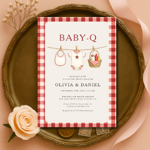 Baby Q Klädstreck Röd Gingham Babyfirande Inbjudningar
