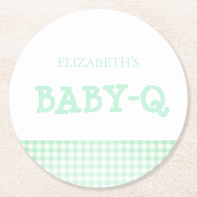 Baby-Q Mint Green Gingham Baby Shower Underlägg Papper Rund (Framsidan)