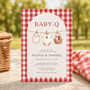 Baby Q Röd Gingham Klädstreck Par Baby Shower Inbjudningar
