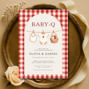 Baby Q Röd Gingham Klädstreck Par Baby Shower Inbjudningar