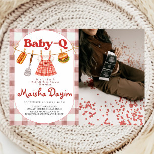 Baby-Q Röd Rutig Flicka Baby Shower Foto Inbjudningar