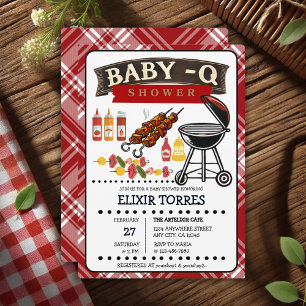 Baby-Q Rutig Röd & Svart Grill Baby Shower Inbjudningar
