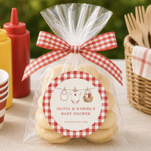 Baby-Q Rutigt Rött Samkönat Baby Shower Favor Runt Klistermärke
