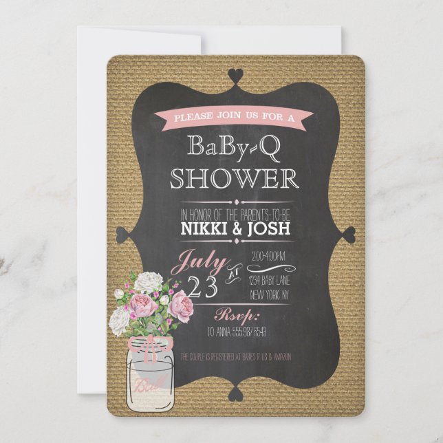 Baby-Q Shower Burlap Mason Burk Chalkboard Inbjuda Inbjudningar (Framsida)
