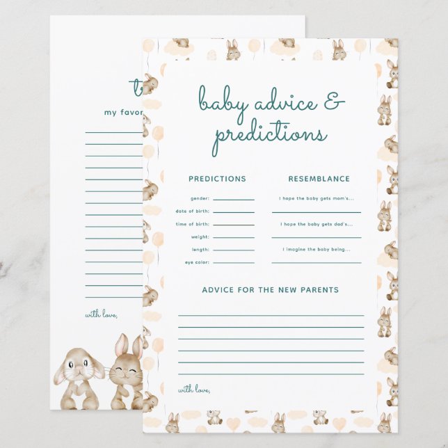 Baby Rabbit Baby Shower Predictions & Advice Card (Fram/baksida)