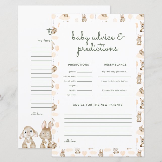 Baby Rabbit Baby Shower Predictions & Advice Card (Fram/baksida)