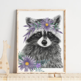 Baby Raccoon Blommigt Nursery Print | Raccoon Prin Poster