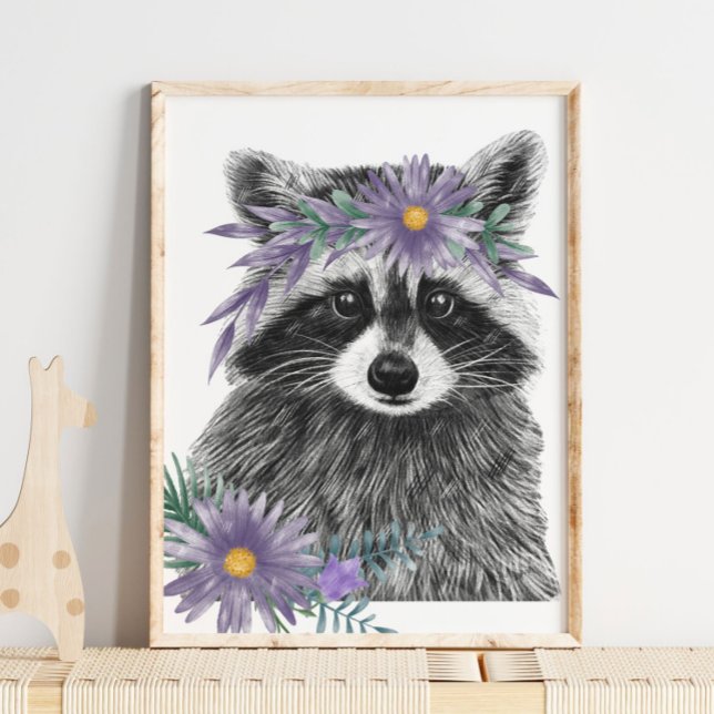 Baby Raccoon Blommigt Nursery Print | Raccoon Prin Poster (Baby Raccoon Floral Nursery Print | Raccoon Print by TinkPrints)