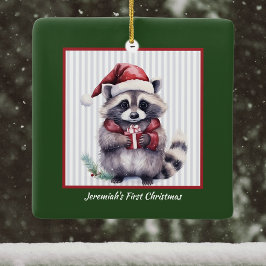 Baby Raccoon Holding Gift Child första jul Julgransprydnad Keramik