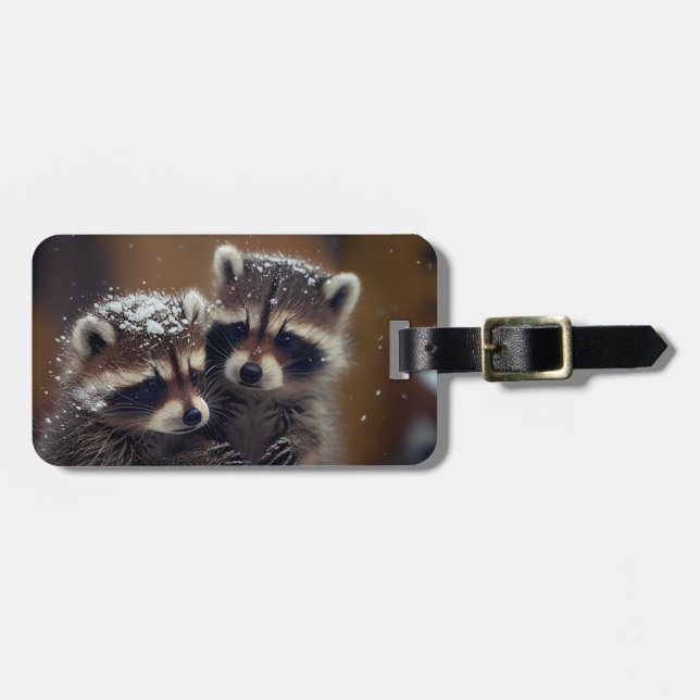 Baby Raccoons Huddle i Falling Snö Bagagebricka (Horisontell Framsida)