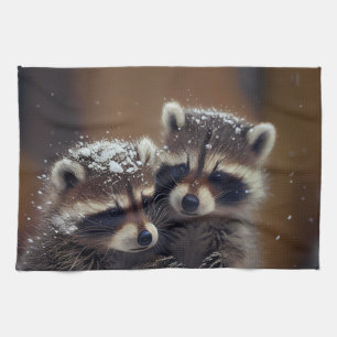 Baby Raccoons Huddle i Falling Snö Kökshandduk