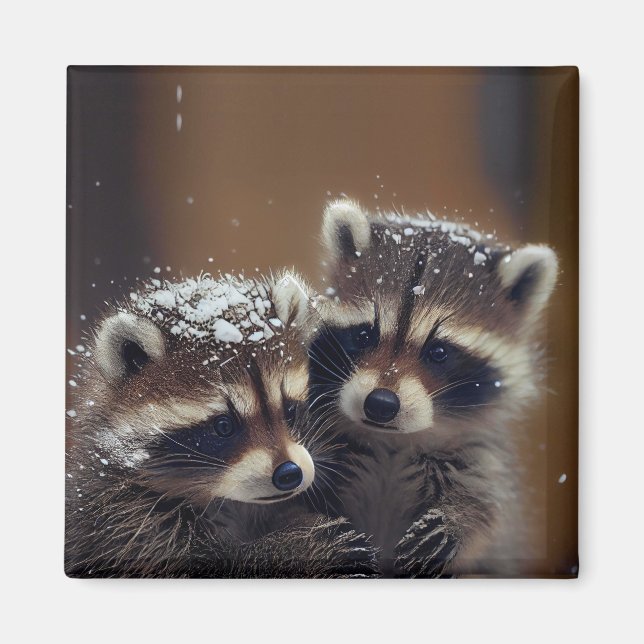 Baby Raccoons Huddle i Falling Snö Magnet (Framsidan)