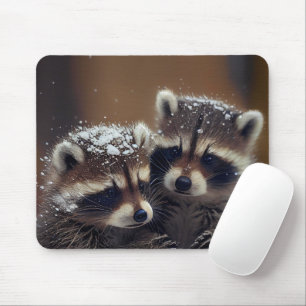 Baby Raccoons Huddle i Falling Snö Musmatta