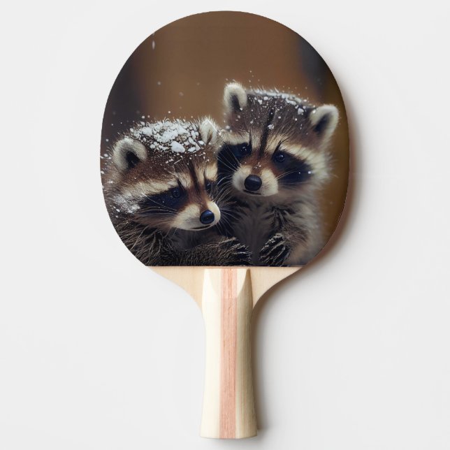 Baby Raccoons Huddle i Falling Snö Pingisracket (Framsidan)