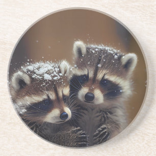 Baby Raccoons Huddle i Falling Snö Underlägg