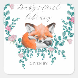 Baby-räv i blomning - Baby först bibliotek Fyrkantigt Klistermärke