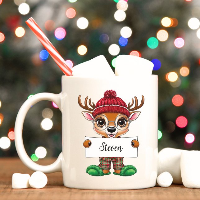 Baby Reindeer Ansikte Kids jul Mugg (Cute festive reindeer holding personalized name Christmas mug)