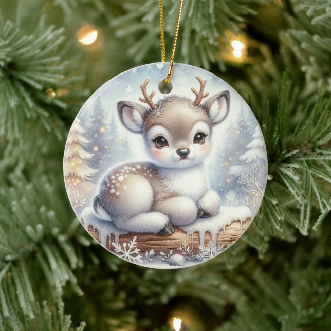 Baby Reindeer on Snowy Log Julgransprydnad Keramik (Träd)