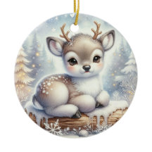 Baby Reindeer on Snowy Log