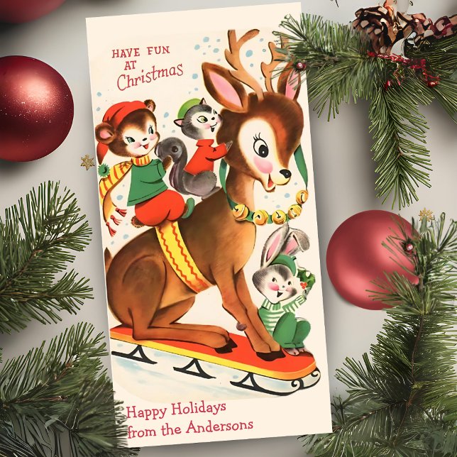 Baby Reindeer Sledding Anpassningsbar Vintage jul Julkort (Baby Reindeer Sledding Custom Vintage Christmas Holiday Card)