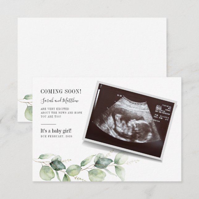 Baby Reveal Ultrasound Eucalyptus Gravid Meddelande (Fram/baksida)